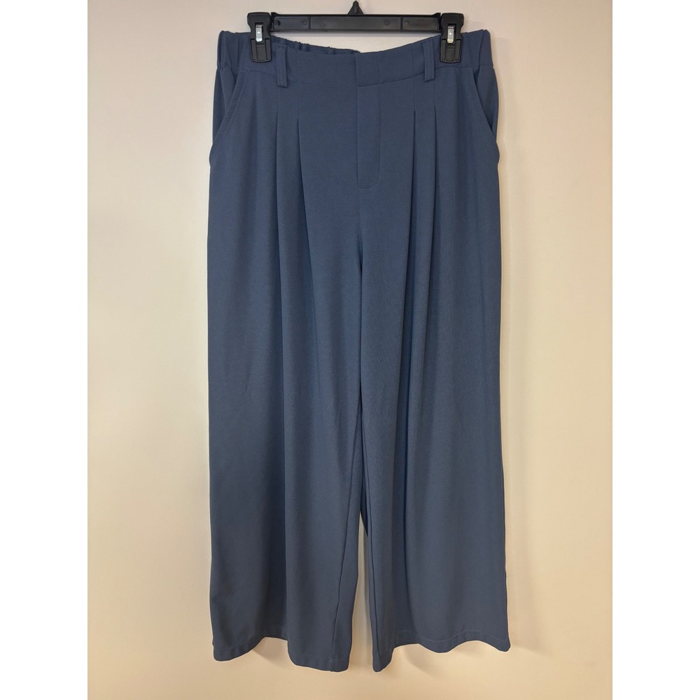 Halara Women's Blue‎ Wide Leg Cropped Pants Pleated Elastic Waist Size L
